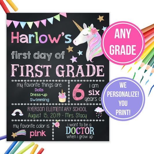 Girls Unicorn School Sign | ANY GRADE