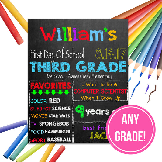 Printable 1st Day Of School Sign | ANY GRADE